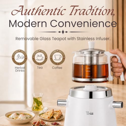 Electric Samovar Tea Maker 4L with Glass Teapot, Stainless Steel Hot Water Urn, Fast Boil 120V 1200W, Auto Shut-Off & Keep Warm, Turkish Russian Tea Maker for Home & Office-White - Image 4
