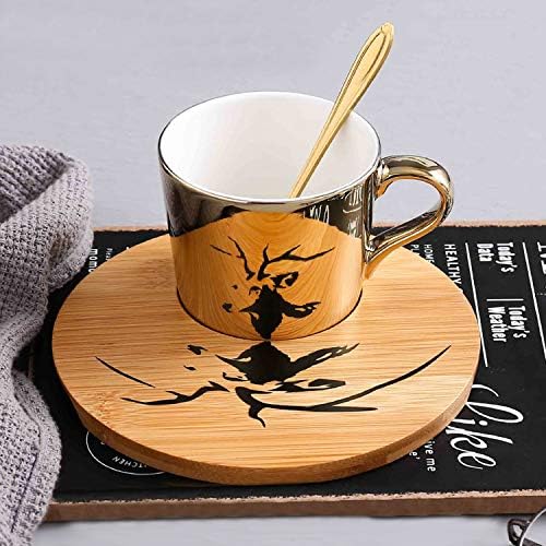 Mirror Cup and Saucer Set Cappuccino Cups Set of 2 Ceramic Gold Animal Espresso Cups with Saucers and Spoons 8 Ounce Tea Coffee Cup with Wood Saucer, Set of 2, Golden Best Gift - Image 4