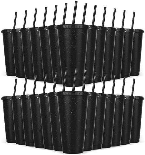 24 Pack Plastic Tumblers with Lids and Straw, Reusable Cups with Lids and Straws Colorful Cups for Cold Drink Iced Coffee, Plastic Tumbler Bulk for Party Birthday Gifts (24 oz, Black) by LEIFEOSH