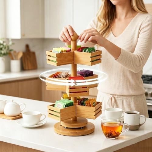3-Tier Rotating Bamboo Tea Bag Organizer Carousel, Holds 108 Tea Bags - Image 2