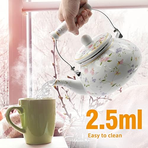 Saihisday Floral Teapot Enamel Afternoon 2.5L Tea Kettle For Stovetop, Large Flowered Tea Kettle with Ceramic Handel for Afternoon Tea Wedding Party Housewarming Gift - Image 5