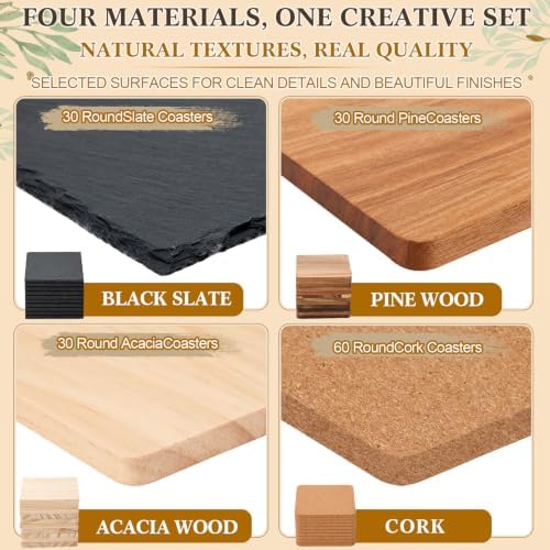 Ferrochef 150 Pcs Wooden Coasters for Craft Unfinished Coasters Bulk 4 Inch Square Coaster Include Acacia Slate Cork Pine for DIY Stained Painting Crafts Wood Laser Engraving Home Favors - Image 3