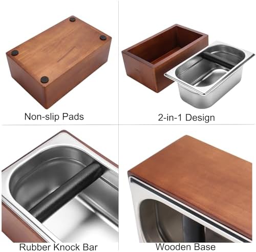 DIBTSA Knock Box Espresso, Coffee knockbox with Rubber Knock Bar and Anti-slip Pad, Commercial Use Large Capacity, Stainless Steel and Wooden, Espresso Accessory - Image 5