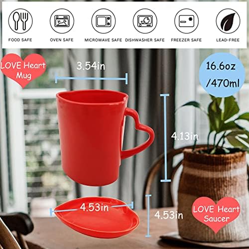 Red Heart Shaped Cup and Saucer Large Ceramic Coffee Mug 16.6oz Cute Cup Love Gift for Weddings Birthday Anniversary Mother's Day Valentines Day Home Decor for Couple Lovers (Red) - Image 2