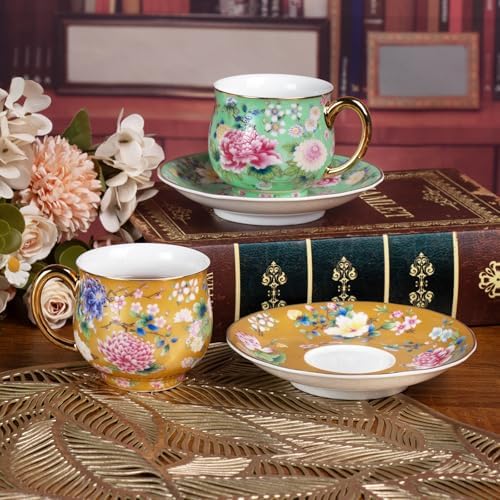 KAMMAK Tea Cup and Saucer, Ceramic Coffee Cups, 7.1 oz, Set of 2 - Image 7