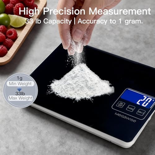 MegaWise Precision Food Scale, 33lb Waterproof Rechargeable Digital Kitchen Scale, 1g/0.04oz Precise Graduation, Weight Grams and Ounces for Cooking Baking, 5 Units Conversion, Tare Function (Black) - Image 5