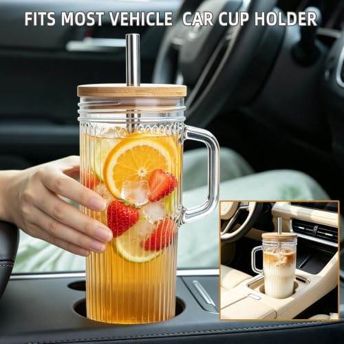 24oz Ribbed Glass Tumbler With Handle,4Pack Glass Cup with Lids and Straws,Reusable Glass Iced Coffee Cups With lids,Mason Jar Cup&Drinking Glasses for Smoothie,Shake,Juice,Soda Water,Tea,Travel - Image 3