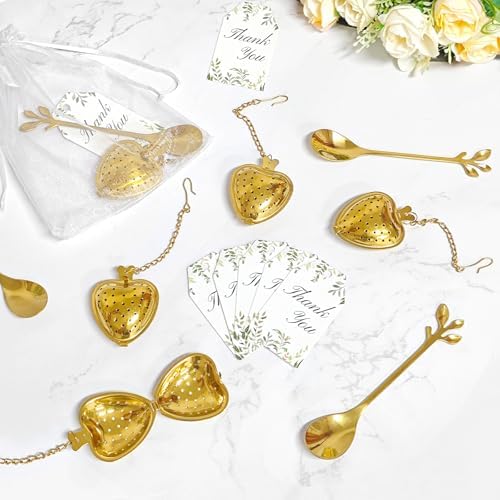 50 Sets Bridal Shower Tea Party Favor for Guests Leaf Tea Spoon Heart Tea Infuser for Loose Leaf Tea Steeper with Thank You Card Organza Bags for Wedding Decoration Gift Souvenirs (50, Gold) - Image 5