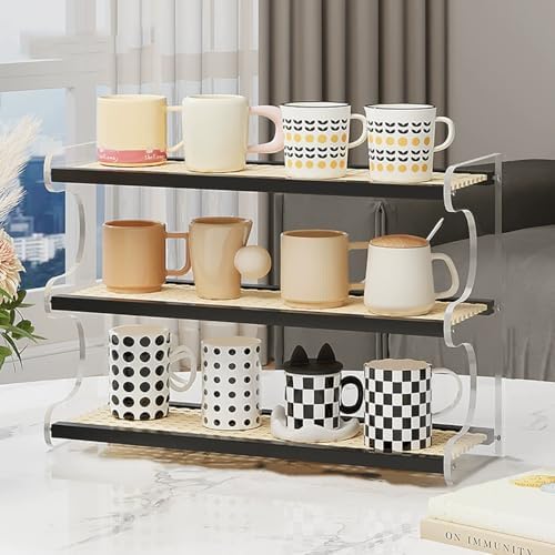 3-Tier Mug Holder Countertop,Wooden Rattan-Look Coffee Station Shelf, Cup Holder Mug Display Rack for Home Kitchen,Black,19.29" by XXRBB