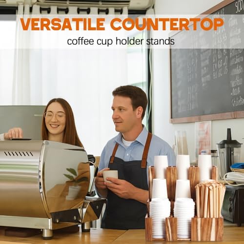 CroBlissful 9 Compartment Acacia Wood Vertical Coffee Cup and Lid Dispenser - Image 5