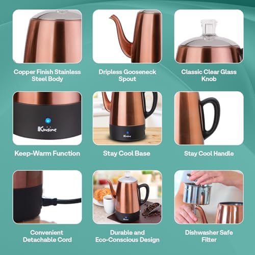 Euro Cuisine PER08 Stainless Steel Electric Coffee Percolator, 8 Cup, Polished Copper Finish, Dripless Gooseneck Spout, Clear Glass Knob, Brewing Indication, Keep-Warm Function, Detachable Cord - Image 3