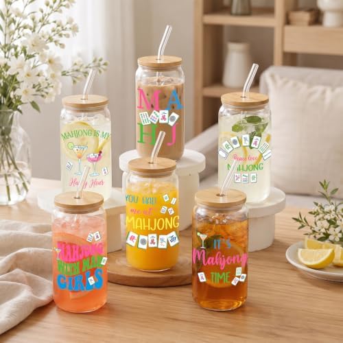 Glass Cups with Lids and Straws, 6Pack, 16oz, Mahjong Game - Image 6