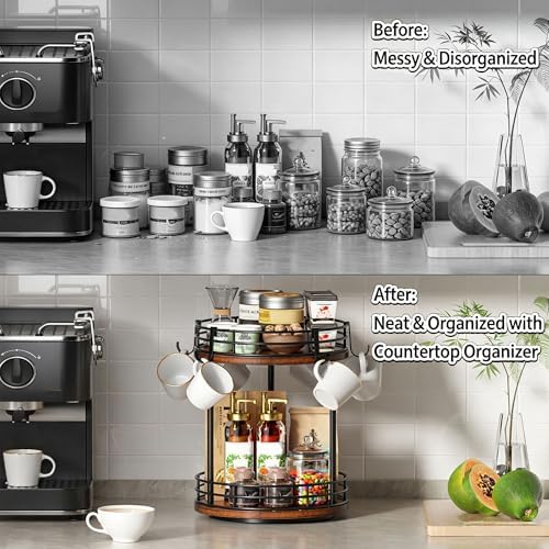 Rotating Coffee Mug Holder Rack Stand, 2 Tier Wooden Coffee Station Bar Organizer for Countertop, Spinning Kitchen Counter Organizer, Mug Shelf with 6 Hooks, Rustic Brown and Black - Image 3