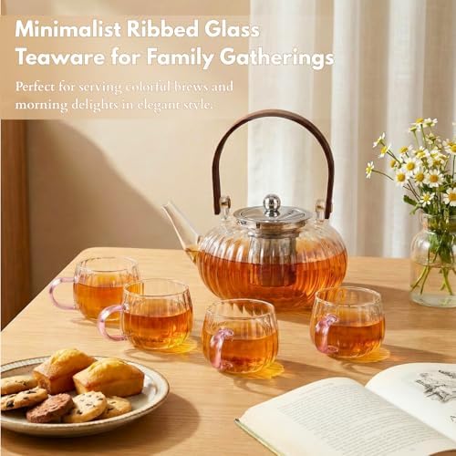 Glass Tea Pot with Infuser and Lid, Tea Pot Sets for Loose Teas Leaves, Clear Teapot(28oz) with Four Teacups(4oz), Glass Herbal Teapot for Stovetop, Adults, Microwave Dishwasher Safe(Pink) - Image 2
