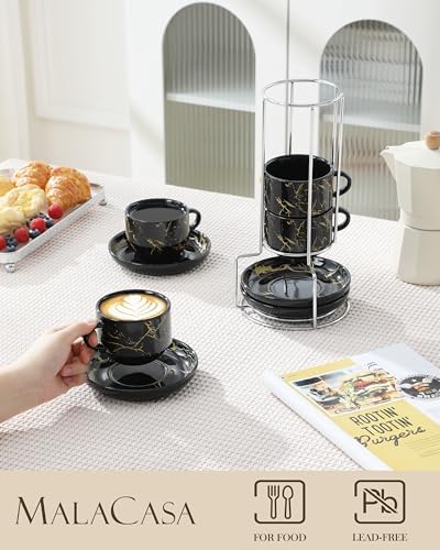 MALACASA 8 OZ Porcelain Espresso Cups with Saucers and Metal Stand Set of 4, Stackable Cappuccino Cups, Marble Black Expresso Shots Cup Set for Coffee Drinks, Latte, Tea - Image 3