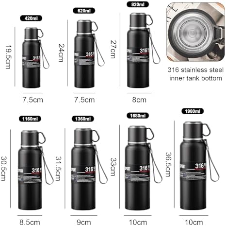 Upgrade 3in1 Water Bottles with Travel Mug Coffee Cup Cap, Tea Infuser,Carrying Loop,Thermal Wide Mouth Bottle, Vacuum Insulated 316 Stainless Steel Flask Leak Proof,BPA-Free (black, 1360ml) - Image 2