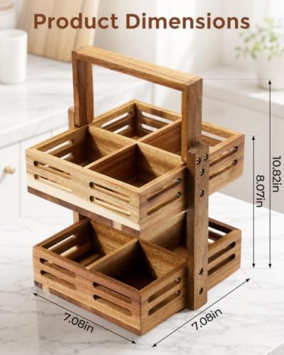 Acacia Wood Tea Bag Organizer, 360° Rotating 2-Tier Storage Holder with 8 Compartments, Holds 80+ Tea Bags for Kitchen Countertop, Tea Station, Home Decor - Image 2