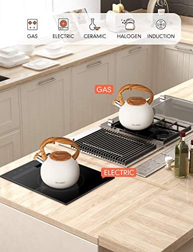 BELANKO 2.7 Quart Tea Kettle for Stovetop - Food Grade Stainless Steel with Diamond Texture, Designer Teapot Look, Cool-Touch Wood Pattern Handle, Whistling Spout - Milk White - Image 6