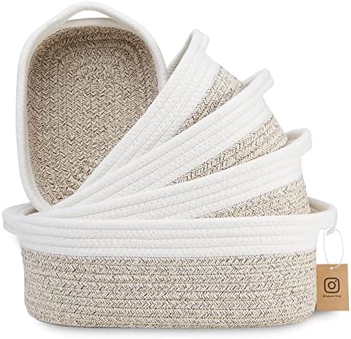 NaturalCozy 5-Piece Rectangle Storage Basket Set- Natural Cotton Rope Woven Baskets for Organizing! Small Basket for Montessori, Baby Nursery, Dog Toy Baskets, Cat Toy Box, Bathroom Organization Bin by NaturalCozy