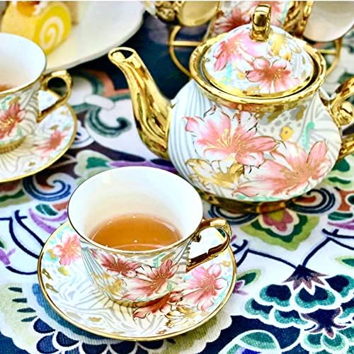 20 Pieces Porcelain Tea Set With Metal Holder, European Ceramic tea set for adults,Flower Tea Set,Tea Set For Women With Flower Painting (Large version, White) - Image 2