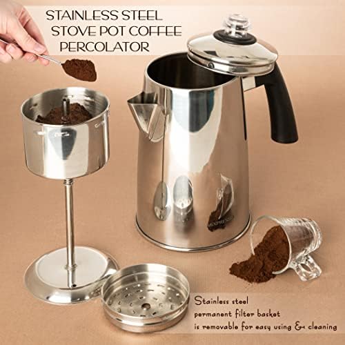 Mixpresso 12 Cup Coffee Percolator Stovetop, Stainless Steel Coffee Pot - Image 3
