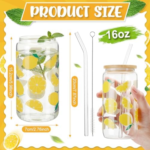 Vesici 6 Set Lemon Glass Cups 16 oz Summer Drinking Tumbler with Lid Straw and Stopper Can Shaped Beer Iced Coffee Cup Appreciation Gifts with Cards and Bow for Summer Party Favor Decorations - Image 2