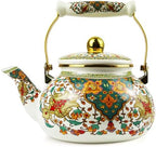 Enamel Tea Kettle 2.5L Vintage Gold Floral Stovetop Teapot Non-Whistling by MersteadHome
