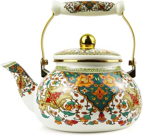Enamel Tea Kettle 2.5L Vintage Gold Floral Stovetop Teapot Non-Whistling by MersteadHome