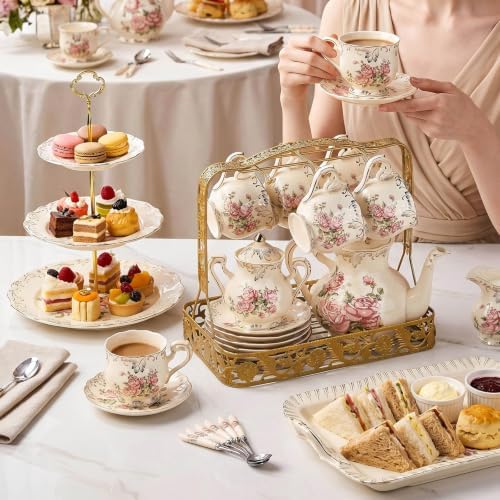 YOLIFE 22 Pcs Tea Sets for Adults, Porcelain Vintage Teaset (Pink Rose) - Image 2