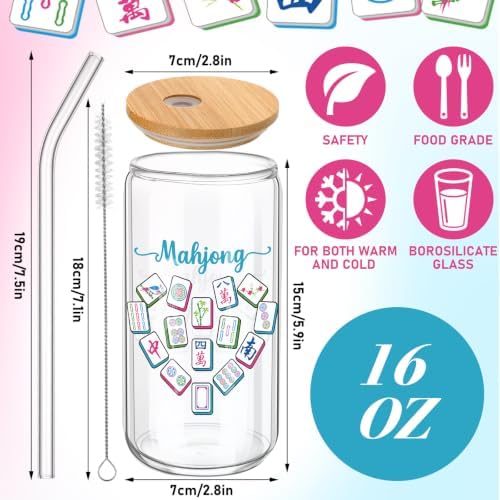Teenyyou 12 Set of Mahjong Glass Cup with Bamboo Lid and Glass Straw 16oz Mahjong Glasses Jar Summer Drinking Cups Beer Iced Coffee Cup Tumbler Mugs for Women Men Birthday Party or Game Night Gifts - Image 2