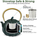 Pumpkin Cast Iron Teapot with Infuser - Japanese Kettle with Enamel Interior for Loose Leaf Brewing, 40oz Traditional Tetsubin, Stainless Steel Filter, Stovetop Safe (Dark Green) - Image 3