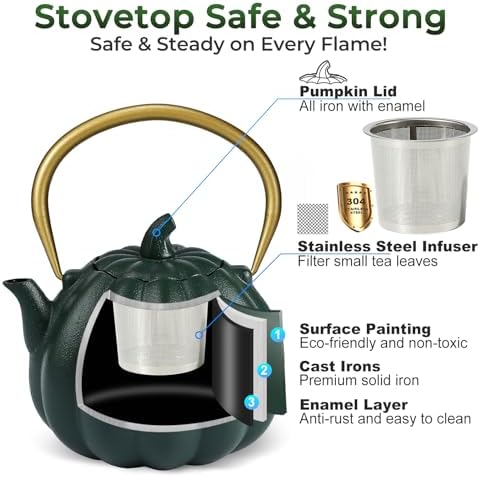Pumpkin Cast Iron Teapot with Infuser - Japanese Kettle with Enamel Interior for Loose Leaf Brewing, 40oz Traditional Tetsubin, Stainless Steel Filter, Stovetop Safe (Dark Green) - Image 3
