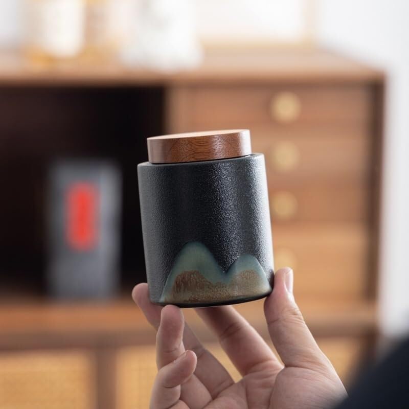 ELEFOCUS Sugar Jar Hand-painted Distant Mountains Portable Tea Jar Ceramic Sealed Timber Lid Red And White Longjing Tea Canister(B) - Image 7