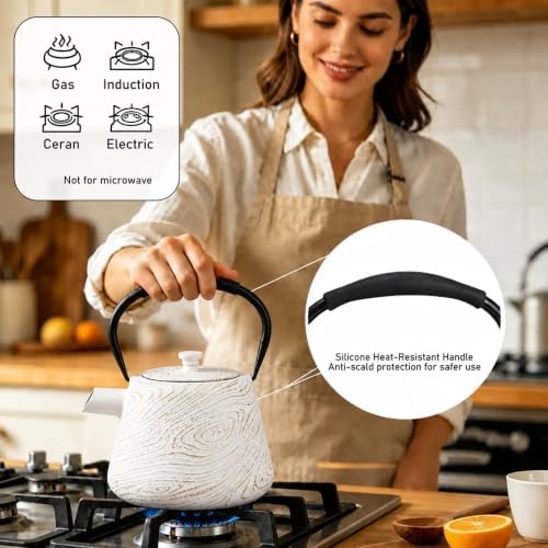 Cast Iron Teapot 34 oz (1000 ml) with Infuser, Water Wave Design, White - Image 3