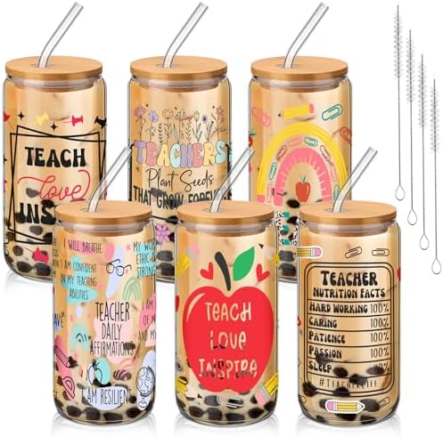 SiliFine 6 Pcs Teacher Pencil Apple Glass Cups, 16 oz with Lids and Straws by SiliFine