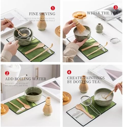 Traditional Japanese Matcha Tea Set, Handcrafted Ceramic Bowl with Bamboo Whisk, Scoop and Stand, Complete 4-Piece Ceremonial Kit for Tea Preparation (Green) - Image 4