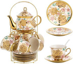 20 Pieces Porcelain Tea Set With Metal Holder, European Ceramic tea set for adults,Flower Tea Set,Tea Set For Women With Flower Painting by TATSUMI