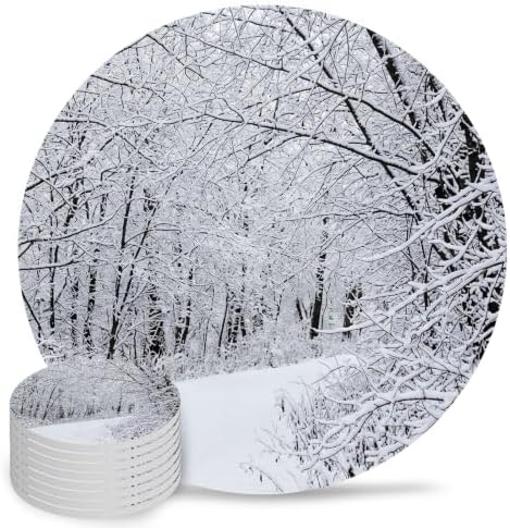 Winter Snow-Covered Trees Coasters for Drinks, Set of 8 Natural Landscape Snow Path Absorbent Ceramic Coaster with Cork Base Decor for Wooden Table & Bar, Housewarming Gift Home Decor by TSRSUNFLOWER