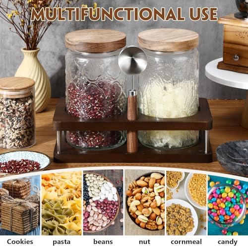 Suclain Glass Coffee Grounds Container with Shelf 2 x 34 oz Glass Coffee Bean Storage Canisters with Airtight Thread Lid and Measuring Spoon Food Storage Jars for Kitchen Sugar Nut - Image 3