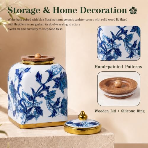 Blue and White Ceramic Tea Canister with Airtight Lid, 10" H Kitchen Decor Jar for Loose Leaf Tea & Coffee Bean Storage, Chinoiserie Decor Ginger Jars for Home Decor, 121 fl oz - Blue Peony - Image 4