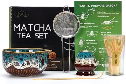 Lapzuli Japanese Matcha Whisk Set, 5 Pcs Matcha Tea Kit with Ceramic Bowl, Bamboo Whisk, Sieve, Spoon & Holder, Matcha Tools for Latte, Ideal Gift (Kiln Black) by Unknown