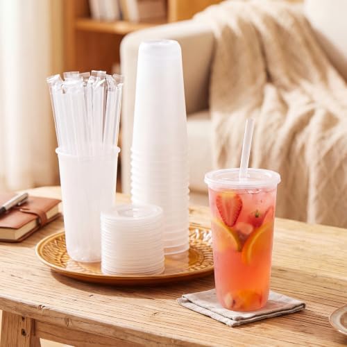 Lounsweer 30 Pcs Clear Reusable Cups with Lids and Straws, 20oz, White - Image 2