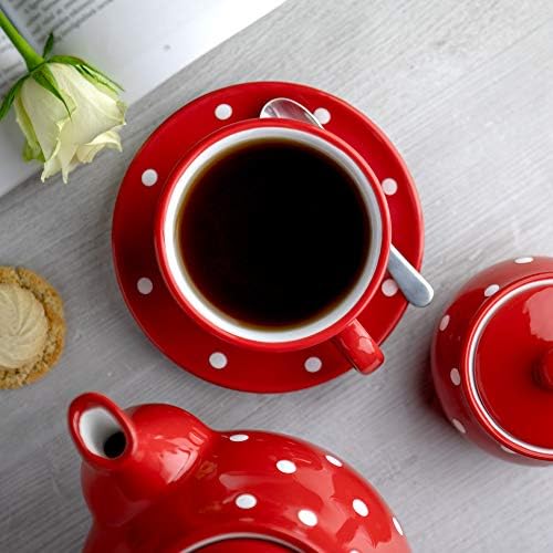 City to Cottage Handmade Red and White Polka Dot Large Ceramic 12oz/350ml Cappuccino Coffee Tea Cup and Saucer, Unique Designer Pottery Gift for Tea Lovers - Image 3