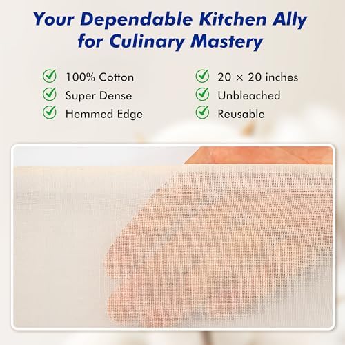 8 PCS Reusable Cheesecloth, Grade 100, 20x20 Inch Hemmed Cheese Cloth for Straining Craft, 100% Cotton Unbleached Cloth Strainer for Cooking, Baking, Juicing, Cheese Making (Pack of 2) - Image 2