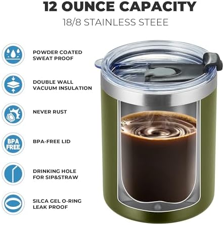 MEWAY 12 oz Lowball, Tumbler Stainless Steel Double Wall Vacuum Insulated Mug with Straw and Lid, Cleaning Brush ，Durable Powder Coated Insulated Coffee Cup for Cold & Hot Drinks (Army Green,4 pack) - Image 3
