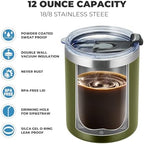 MEWAY 12 oz Lowball, Tumbler Stainless Steel Double Wall Vacuum Insulated Mug with Straw and Lid, Cleaning Brush ，Durable Powder Coated Insulated Coffee Cup for Cold & Hot Drinks (Army Green,4 pack) - Image 3