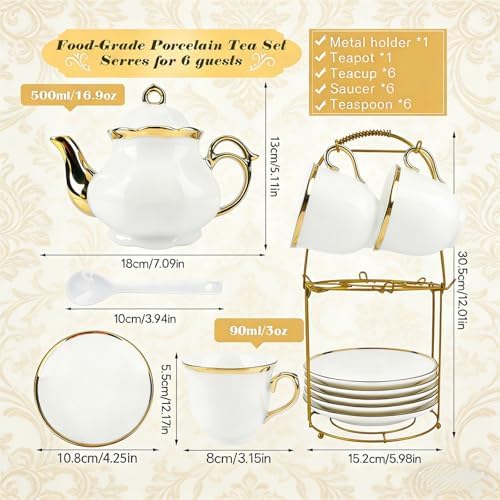 20-Piece Porcelain Tea Sets for Adults, British Style Tea Party Sets for 6 Adults, Includes Tea Cups and Saucers, Teapot, Spoons & Metal Rack, Elegant Ceramic Tea Set for Women, Wedding & Home Decor - Image 3