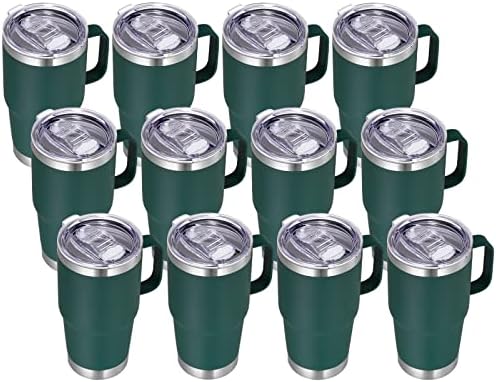 VEGOND 20 oz Tumbler Bulk with Handle Lid and Straw, Stainless Steel Insulated Travel Coffee Mug Set, Spill Proof Double Wall Metal Tumblers Cups, Dark Green 12 Pack by VEGOND