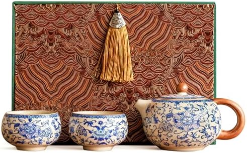 Floral Tea Pot & Tea Cup Set, Blue and White Porcelain, 7.5 oz by HOHCNA