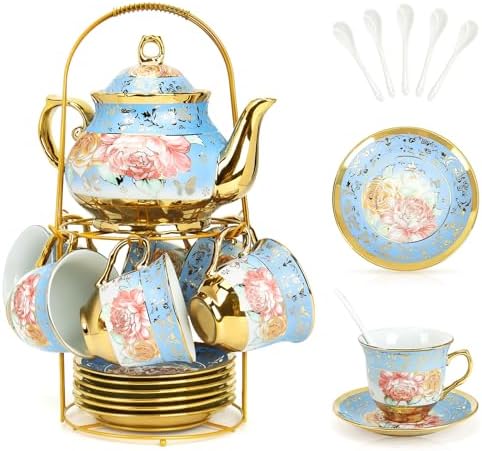 ALIMOTA 20 Pcs Porcelain Tea Set with Metal Holder and Spoon, European Ceramic Tea Set for Adults, European Flower Painting Teapot Cup Saucer Spoon Set for 6, Gift Pack (Blue) by YourLifeCollector